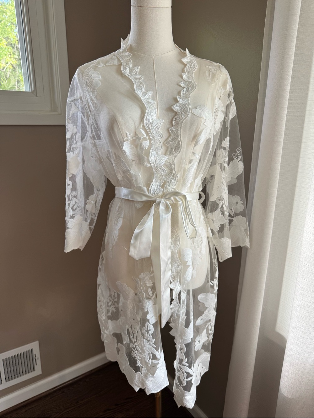 Bridal Sheer Floral Lace Robe with Satin Tie - White